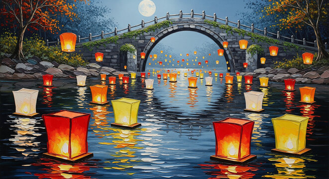 Glowing paper lanterns floating on river with moon and stone bridge 3D oil art painting, 3D relief wallpaper for mural wall art, canvas print, wall decor painting design