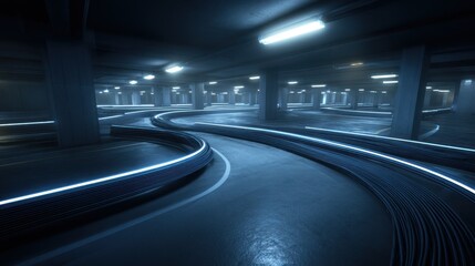 Abstract digital network of fiber optic cables in a dark building