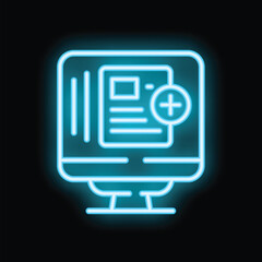 Fototapeta premium Glowing blue neon icon of a computer monitor displaying an adding document interface on a black background