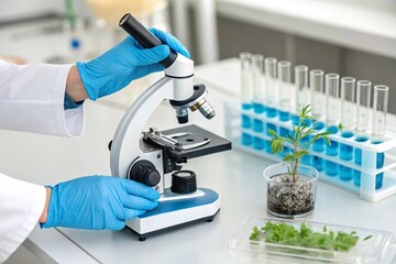 scientist adjust microscope with plant sample. Agriculture and biology research