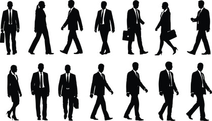Business People Walking Silhouette Collection Showing Professional Men and Women in Corporate Attire Representing Office Work, Career, and Urban Lifestyle