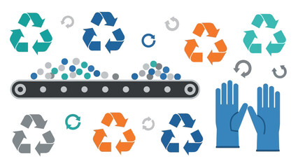 Recycling process with conveyor belt and gloves in flat style