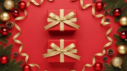 Red Christmas background with gift boxes, ornaments and pine branches forming festive border with copy space

