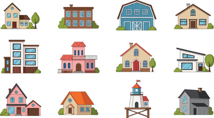 Residential house building illustration set with different architectural styles, colorful cartoon vector collection for real estate, neighborhood, city and property design © MdAbdul