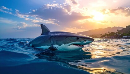 Fototapeta premium Great white shark swimming at sea under sunset sky with visible dorsal fin