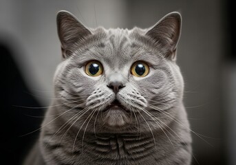 A close-up shot of a chubby British Shorthair cat with plush grey fur, staring wide-eyed in surprise with a slightly open mouth
