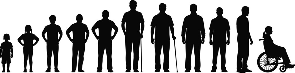 Human life stages silhouettes showing aging process disability inclusion and wheelchair accessibility isolated on white background illustration concept set