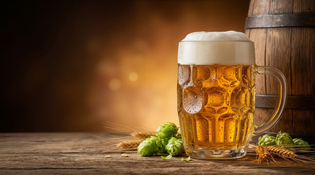 Frisch gezapftes Lagerbier im Krug mit Hopfen, Weizen und traditionellem Holzfass
