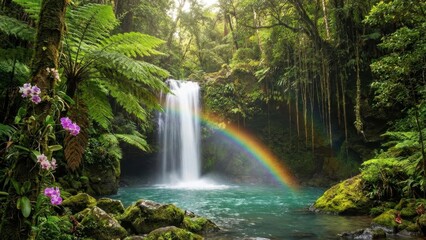 Obraz premium Lush Green Tropical Rainforest Waterfall With A Vibrant Rainbow Over Turquoise Water Surrounded By Exotic Flora