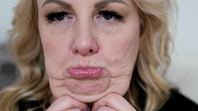 Mature woman touching her chin showing excess fat and contemplating submental liposuction neck liposuction procedure for a refined jawline silhouette