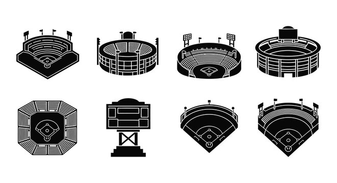 Detailed illustrations of various baseball stadium designs in monochrome style