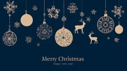 Flat minimal card: dark-blue field, oversized golden snowflakes & sleek ornaments hang in perfect symmetry, slender reindeer silhouette, crisp “Merry Christmas” text, shadow-free vector.