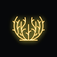 Golden neon sign representing a plant growing, with its roots and branches, on a black background