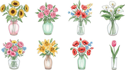 Elegant flower bouquet illustration set in glass vases with roses, lilies and sunflowers, watercolor style vector collection for floral decor and wedding design