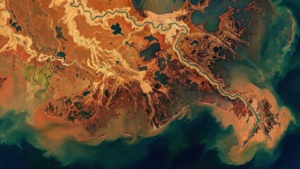 Mississippi River Delta Aerial View Sediment Plumes Entering Gulf of Mexico