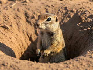 Cute groundhog in burrow on sunny day with dirt and shadows