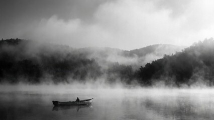 Misty Morning Lake Scene with Solitary Boat and Forested Hills
