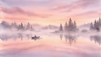 Misty Lake Sunrise with Lone Boat Serene Watercolor Landscape