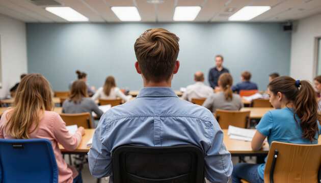 Serious proctor overseeing examination in classroom, focus and determination