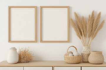 Minimal wall mockup with two wooden frames, natural decor objects, neutral background, ideal for artwork presentation, branding display, interior styling, modern home decoration with clean composition