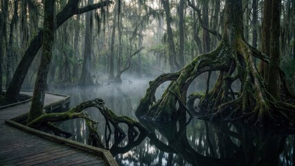 Misty Swamp At Dawn With Cypress Trees And Boardwalk In Louisiana