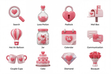 Valentine's day 3d icon collection isolated on white background. bouquet, diamond, cake, love potion, calendar and padlock. romantic celebration set concept