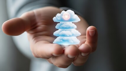 A softly illuminated, digitally enhanced stack of fluffy white clouds, overlaid with a glowing orange padlock symbol, is gently held within the open palm of a professionally dressed individual,