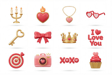 Valentine's day 3d icon collection isolated on white background. burning heart, necklace, crown, candelabrum, camera and cupcake. romantic celebration set concept