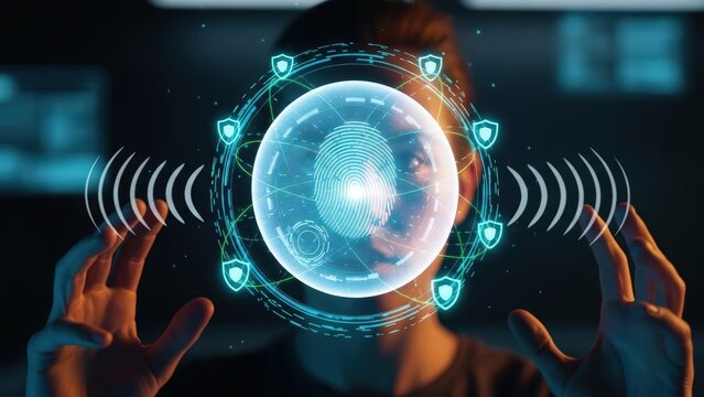 A futuristic, glowing spherical representation of a fingerprint scan, constructed from translucent blue digital lines and surrounded by protective shield icons, is being held and manipulated by a - Powered by Adobe