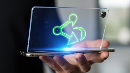 Sleek, futuristic rectangular holographic display with a polished silver frame and transparent glass-like surface, showcasing a vibrant neon green share icon with an arrow, brightly illuminated
