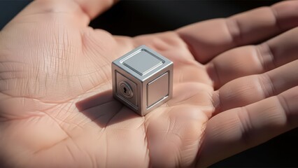 Sleek, metallic silver cube with a prominent keyhole on one face and smooth, flat panels, rests gently within the open palm of a human hand, illuminated by soft, diffused lighting that highlights its