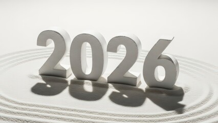 Substantial, matte gray concrete numerals representing the year 2026 are carefully arranged on a textured, circular sand bed, casting soft, diffused shadows under even studio lighting, intended for