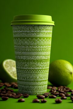 Eco-friendly African-inspired takeaway coffee concept with green paper cup, coffee beans, limes, and modern branding background
