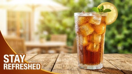 Refreshing Iced Tea With Lemon And Mint Garnish On A Rustic Wooden Table With Blurred Outdoor Cafe Background
