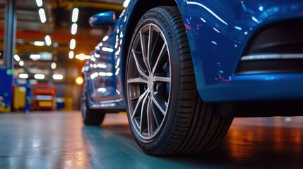 Close-Up Detail of a Modern Car Wheel in a Factory Setting