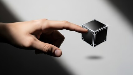 A realistically rendered, dark metallic cube with bright white edges and a subtle glowing effect is being gently touched by a human hand with tanned skin, presented against a gradient grey background