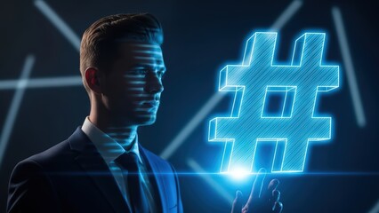 A sharply dressed, young professional man in a dark suit and tie is depicted in a low-key, futuristic setting with glowing blue linear light patterns, gazing intently towards a large, illuminated