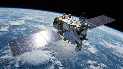 Satellite orbiting Earth with solar panels extended against a backdrop of clouds and blue ocean