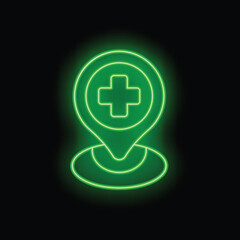 Obraz premium Green neon glowing medical location pin icon on a black background