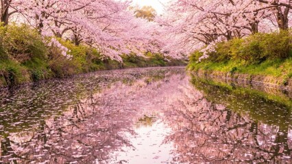 Serene Canal Lined With Blooming Cherry Trees Reflecting Pink Petals In Water