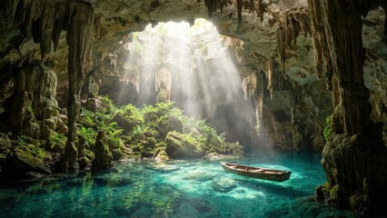 Serene Cave With Sunbeams Illuminating Turquoise Water And A Wooden Boat