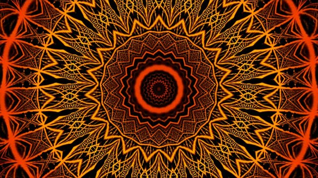 Golden Orange Kaleidoscope Energy Rings Electric Symmetry Motion Loop Abstract Circular Light Pattern Seamless Background