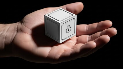 A delicately outlined, three-dimensional white cube resembling a safe or secure box with a prominent padlock symbol on one face, is carefully held within the open palm of a human hand, illuminated by