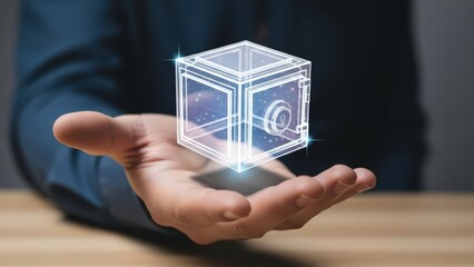 Luminous, futuristic wireframe safe with a glowing blue core and a visible lock, seemingly levitating in the palm of a person’s hand, is presented against a blurred office environment with soft,