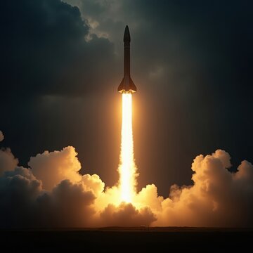 Powerful rocket launching into the night sky with bright flames