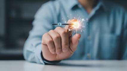 A softly focused, professional businessperson in a light blue shirt is depicted gently touching a glowing, futuristic digital interface representing artificial intelligence, consisting of a slider bar