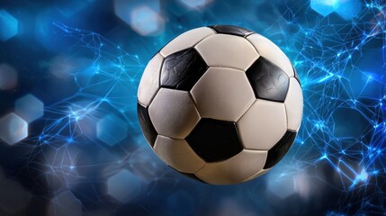 Classic Soccer Ball Over Abstract Blue Background with Bokeh Effects