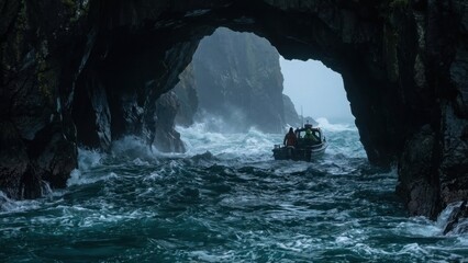 Small Boat Navigating Rough Seas Through a Rocky Archway Under Overcast Skies