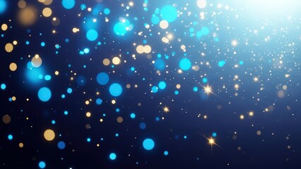 Ethereal and vibrant collection of shimmering circular bokeh lights in shades of brilliant blue and warm gold, digitally created with a soft-focus effect, dynamically scattered across a deep navy