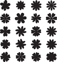 Diverse collection of black floral silhouette icons arranged in a clean grid on a white background